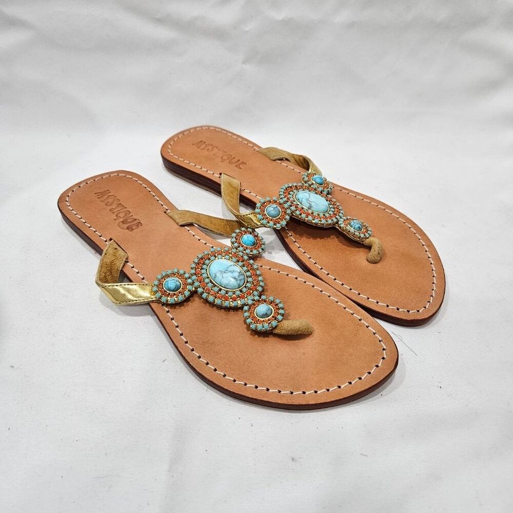 Mystique Turquoise Coral Beaded Jeweled Leather Thong Sandals Womens Size 8 Boho